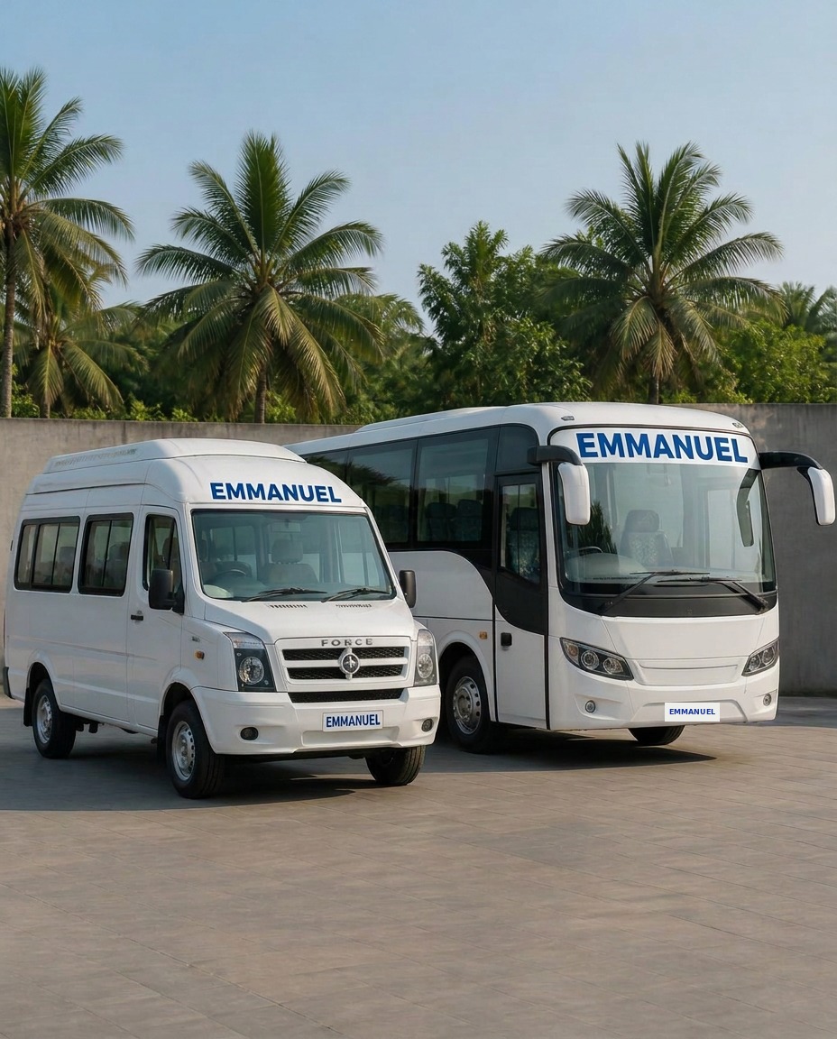 Emmanuel Travels tempo traveller and coach parked at the depot in Mumbai